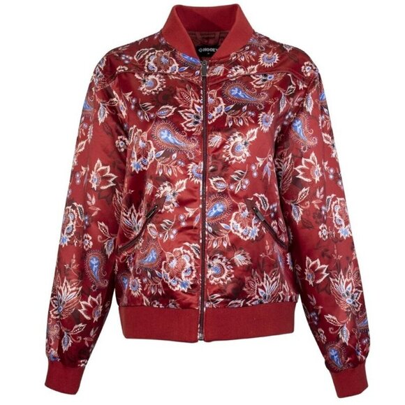 Hooey Women's Floral Print Satin Bomber Full Zip Jacket - Wine Red - Picture 1 of 6